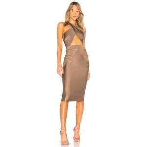 Michael Costello REVOLVE Philip Cross Front Midi Dress Cut Out Detail Taupe Sz L